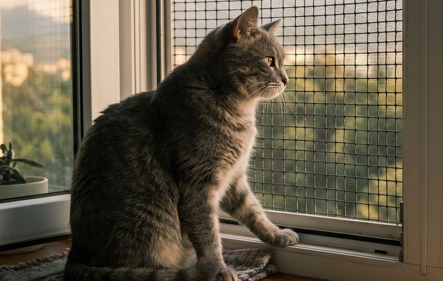 Серая кошка сидит на подоконнике у антикошки Pet Screen — усиленная сетка для квартир с животными